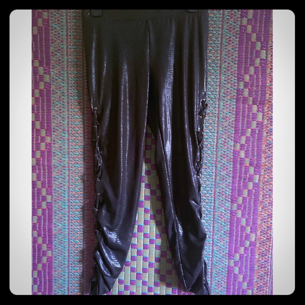 Black semi shiny tie up leggings
